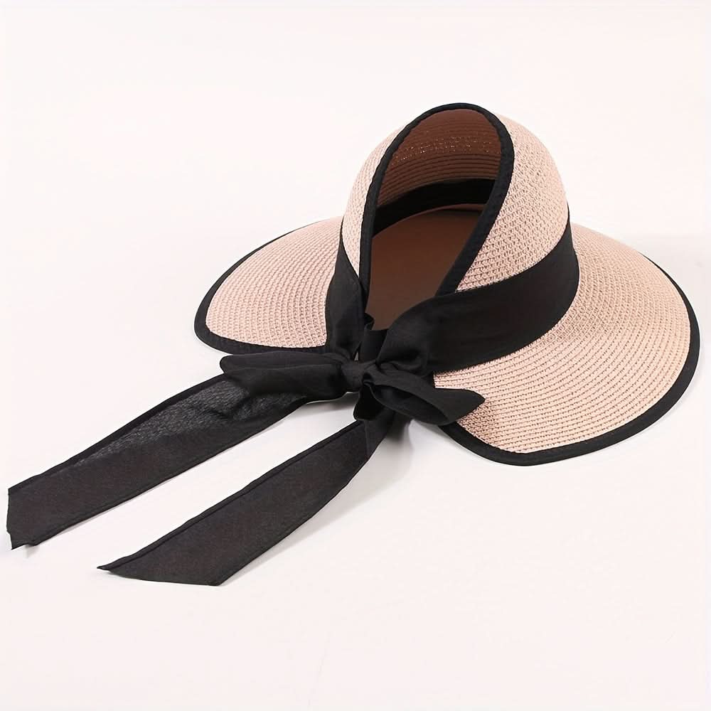 Women's Straw Sun Visor Hat with Ponytail Hole – Beach Cap with Bow