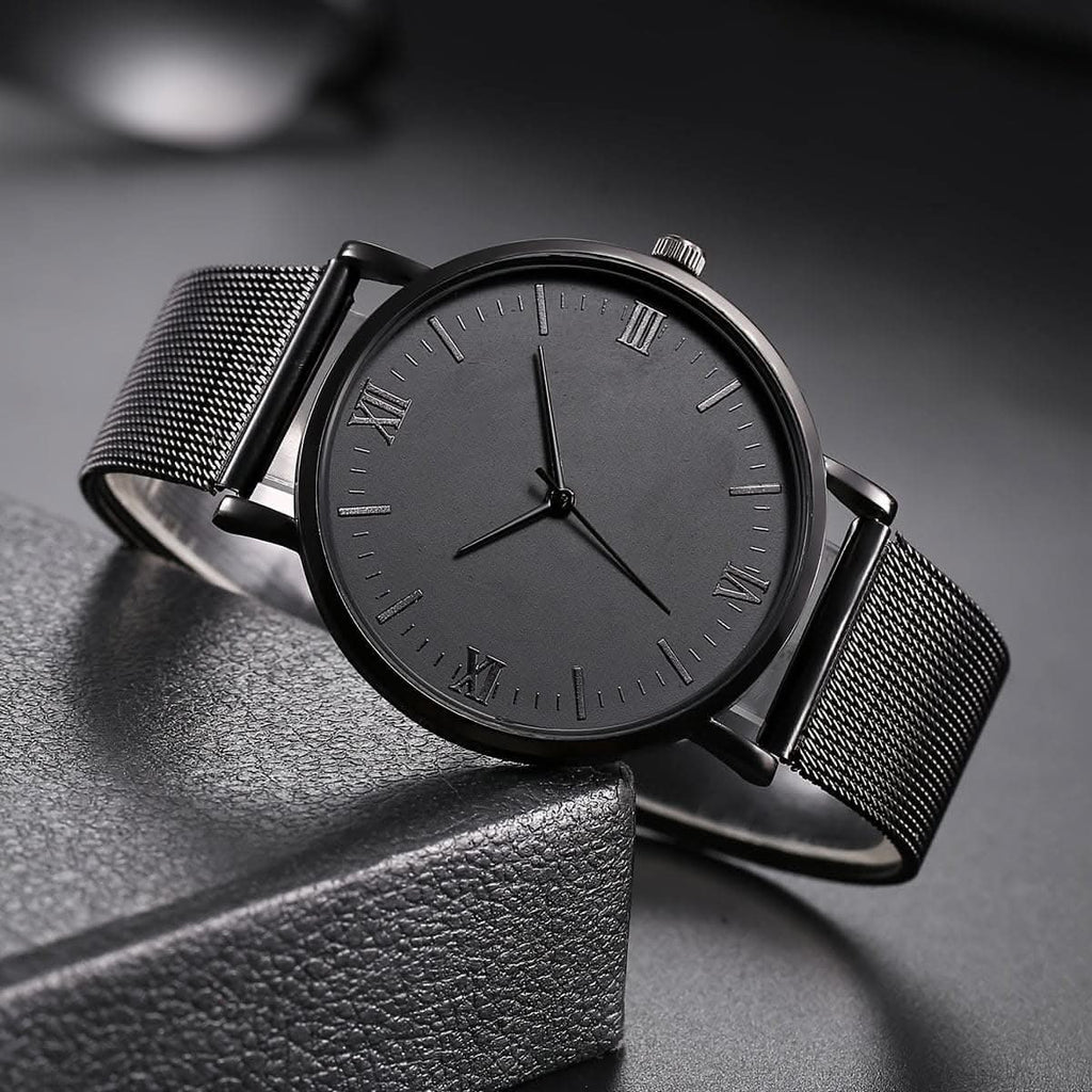 2pcs Men's Casual Roman Scale Mesh Quartz Watch & Dumbbell Bracelet Set