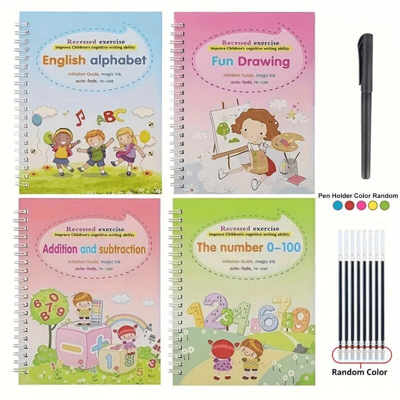 Magic Handwriting Practice Book Set – 4 English Calligraphy Copybooks with Pen & Refills