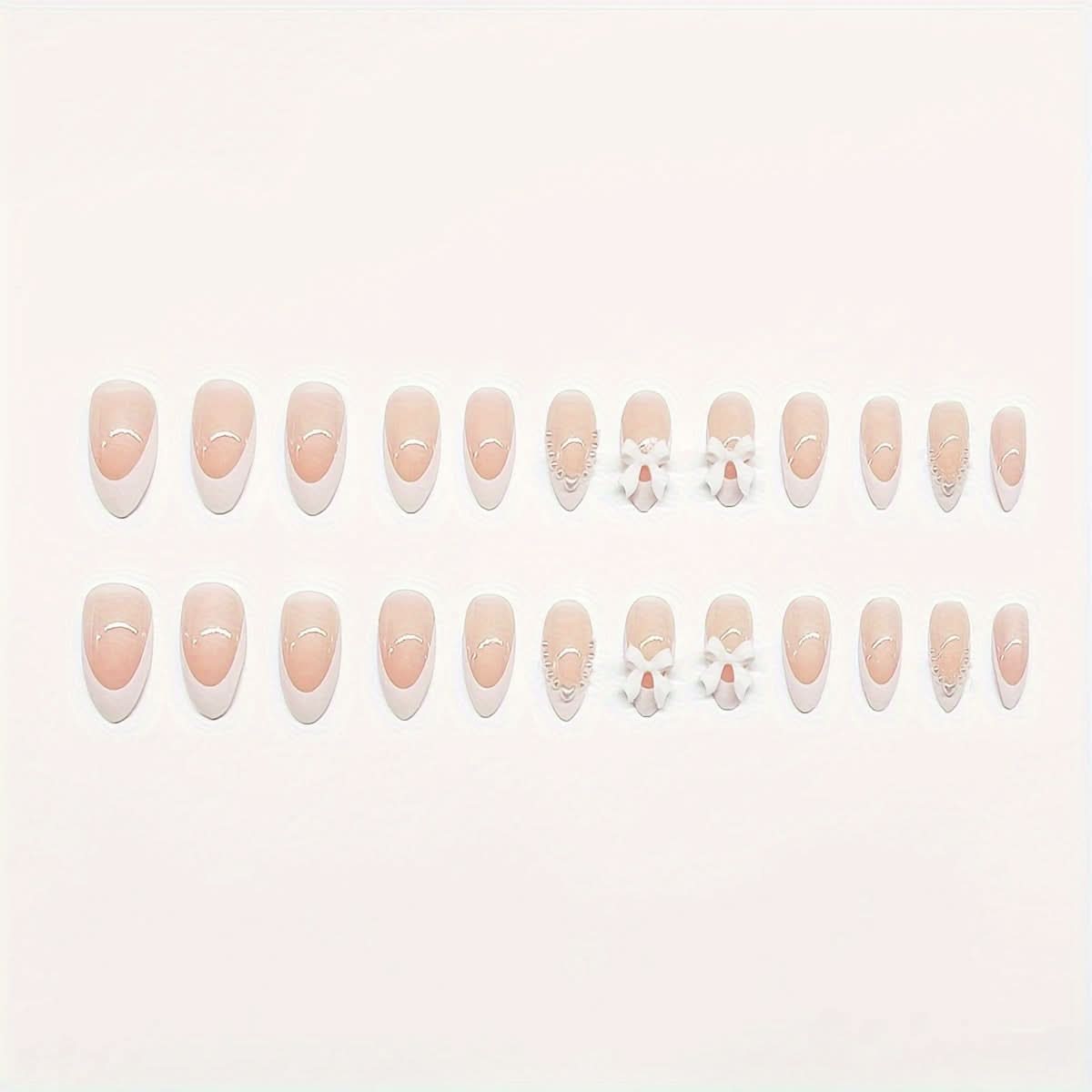 24 Pcs Pearl & Heart Bow Press-On Nails – Short Almond Shape Glossy Finish Fake Nails