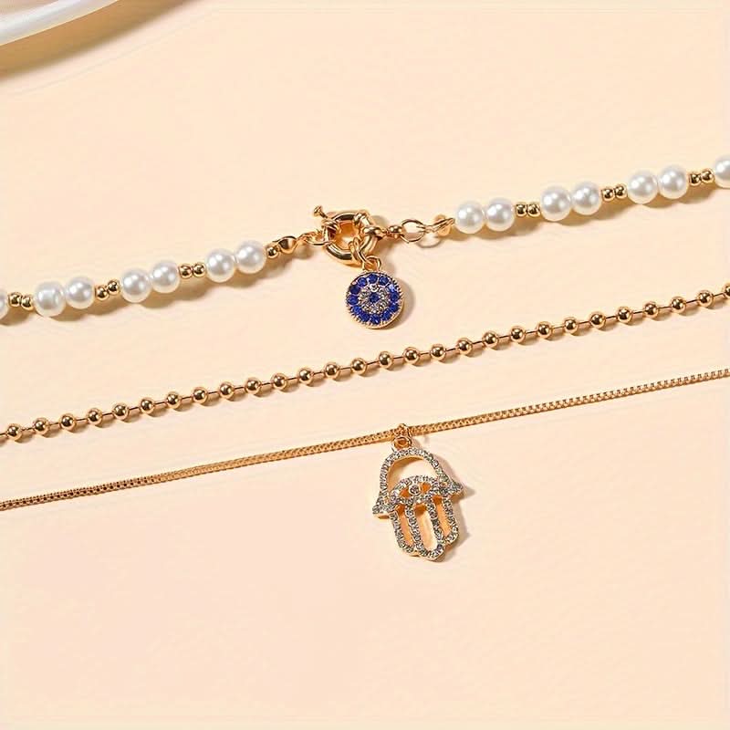 Elegant Layered Hamsa Necklace with Rhinestones