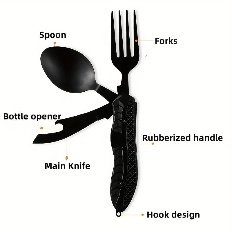 4-in-1 Stainless Steel Camping Utensils Set – Fork, Spoon, Knife, Bottle Opener