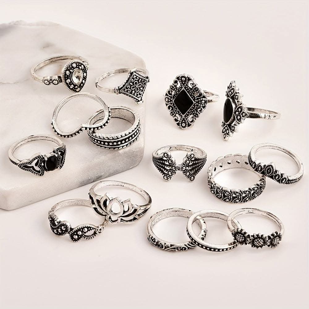 15-Piece Boho Chic Lotus Knuckle Ring Set