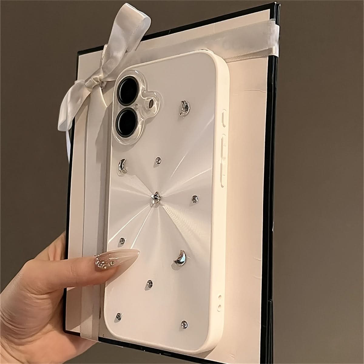 3D Glitter Moon Stars iPhone Case-White