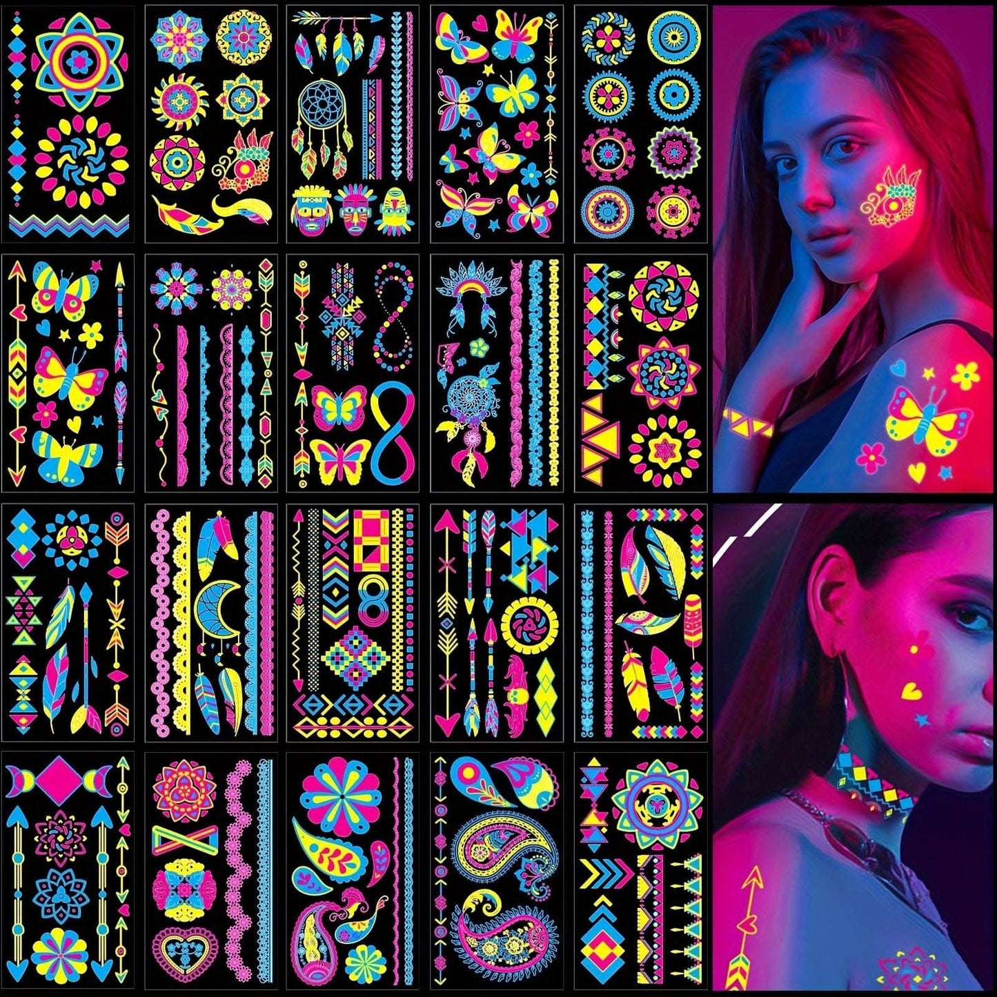 20 Sheets Fluorescent Temporary Tattoo Stickers – Neon Light, Waterproof Accessories