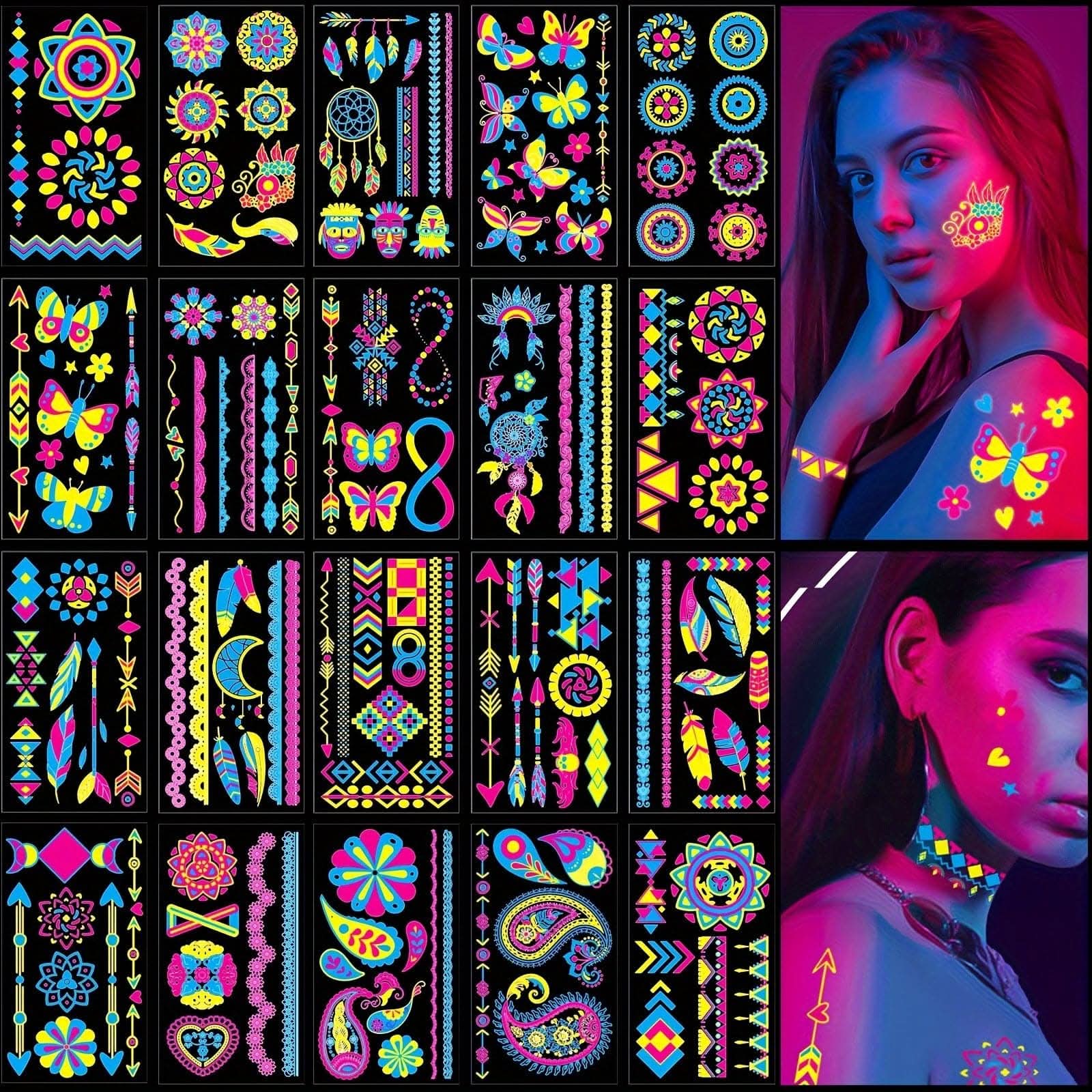 20 Sheets Fluorescent Temporary Tattoo Stickers – Neon Light, Waterproof Accessories