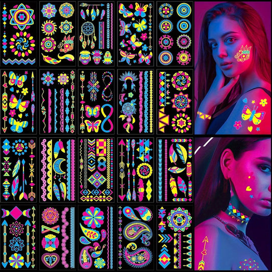 20 Sheets Fluorescent Temporary Tattoo Stickers – Neon Light, Waterproof Accessories
