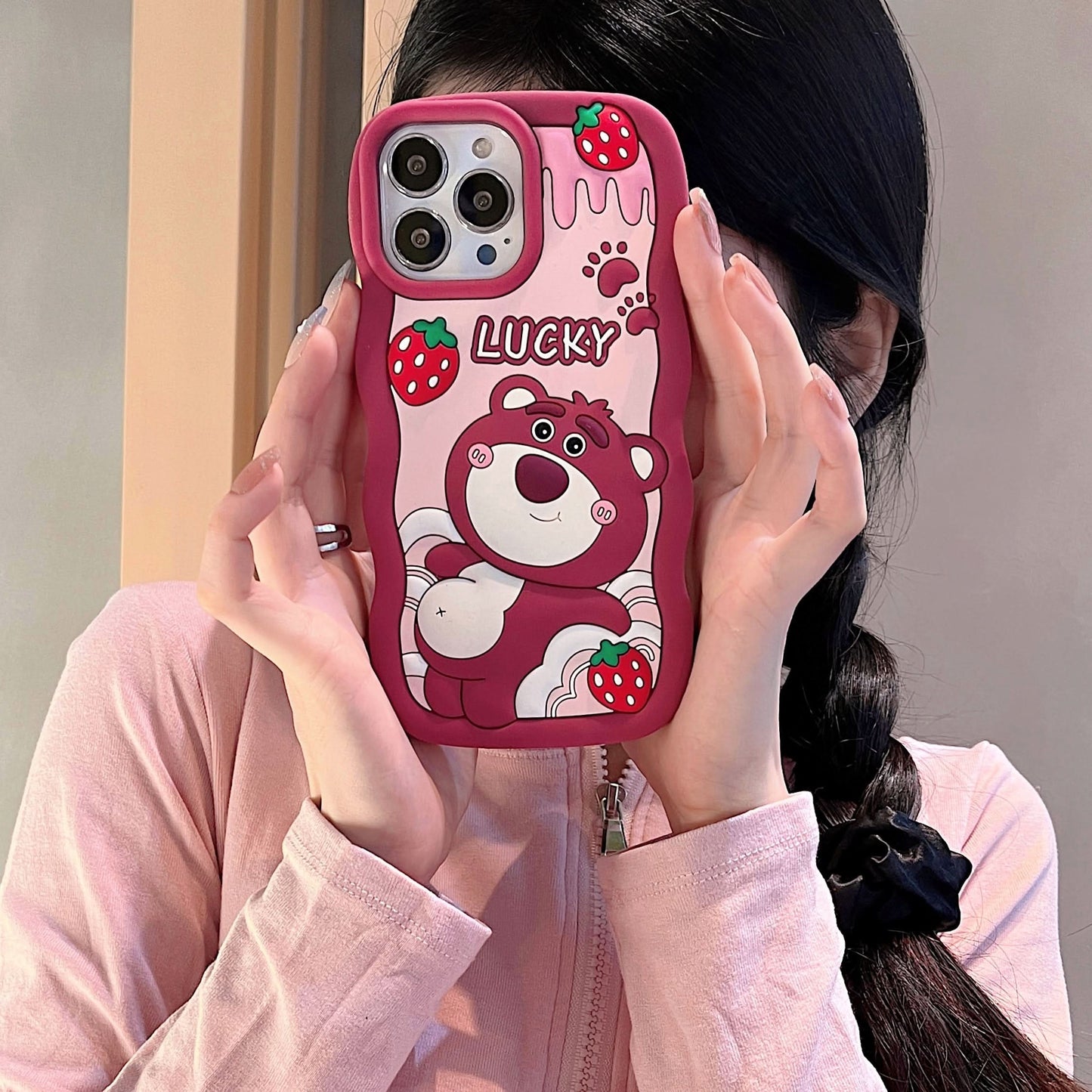 Cute Strawberry Bear iPhone 15 Case Cover