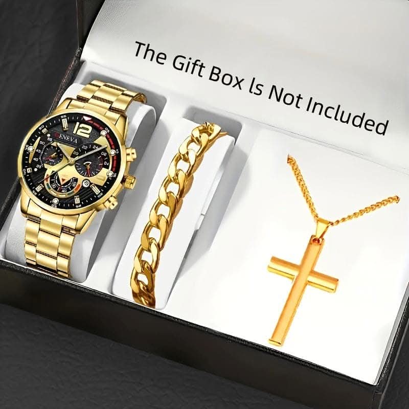 3pcs Set: Men's Calendar Watch, Silvery Bracelet, and Cross Pendant Necklace