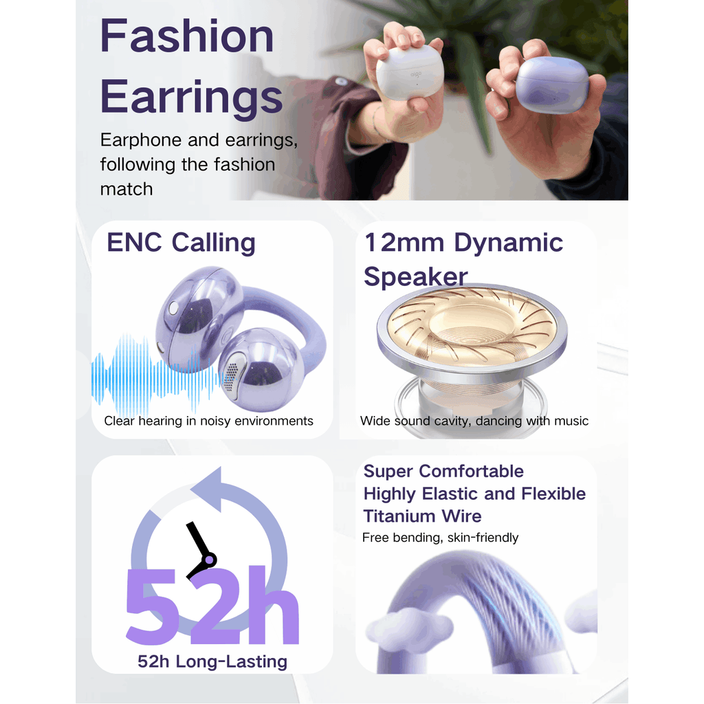 Open Design Ear Clip Earbuds, 52H Playback, Waterproof, Noise Reduction