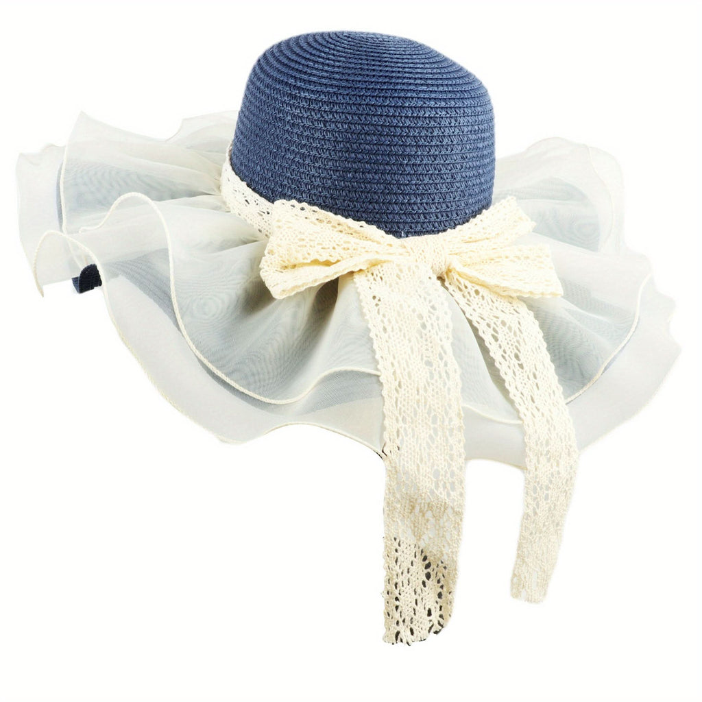 Women's Linen Straw Bucket Hat with Bow – Mesh Patchwork Wide Brim Sun Visor