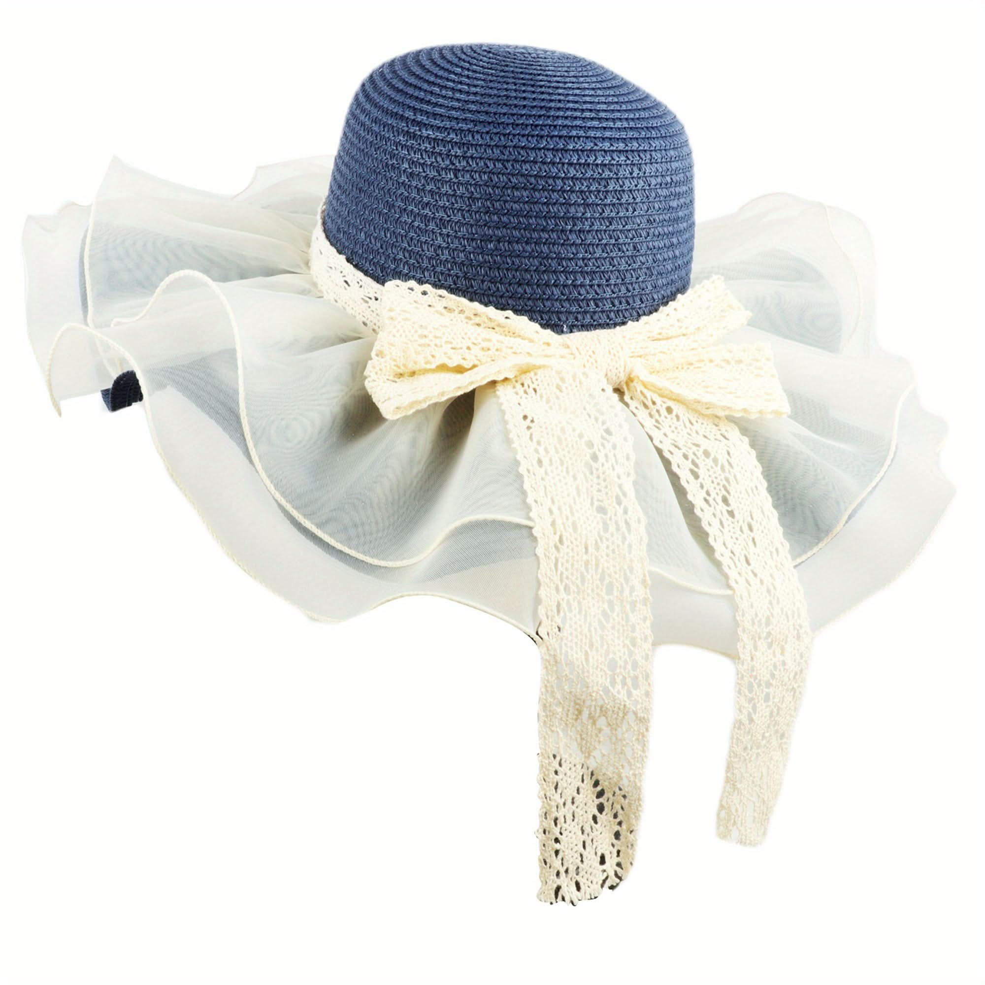Women's Linen Straw Bucket Hat with Bow – Mesh Patchwork Wide Brim Sun Visor