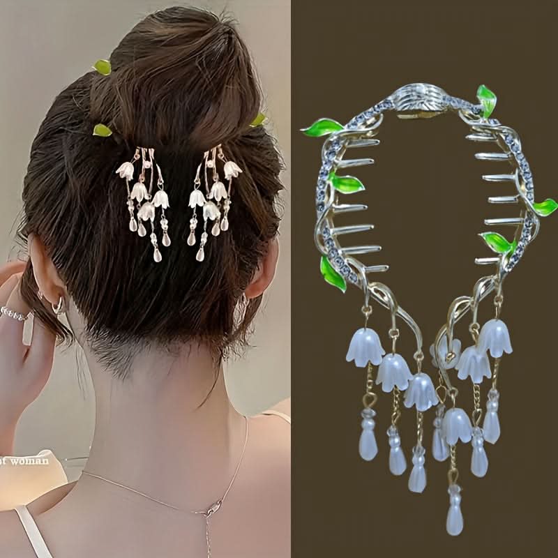 Floral Leaf Hair Clip with Tassel for Updos