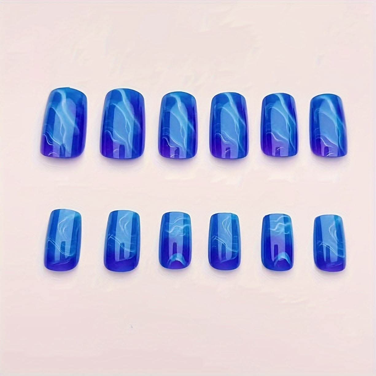 24-Piece Ocean Blue Gradient Press-On Nails Set – Medium Square, Glossy Finish