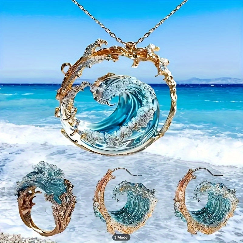 3-Piece Bohemian Ocean Vow Jewelry Set – Blue Wave Necklace, Earrings & Ring for Women