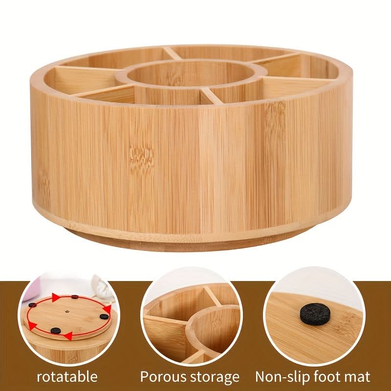 Bamboo Rotating Desktop Storage Box – Pen Holder for Office