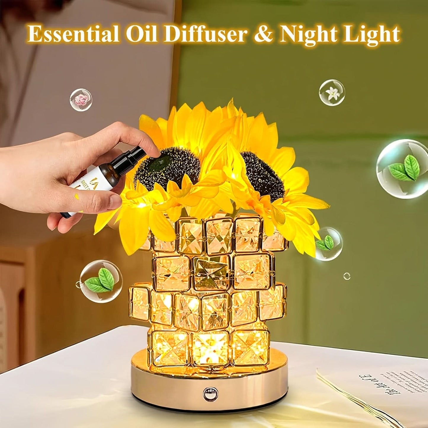 LED Sunflower Night Light with Crystal Vase – USB Rechargeable