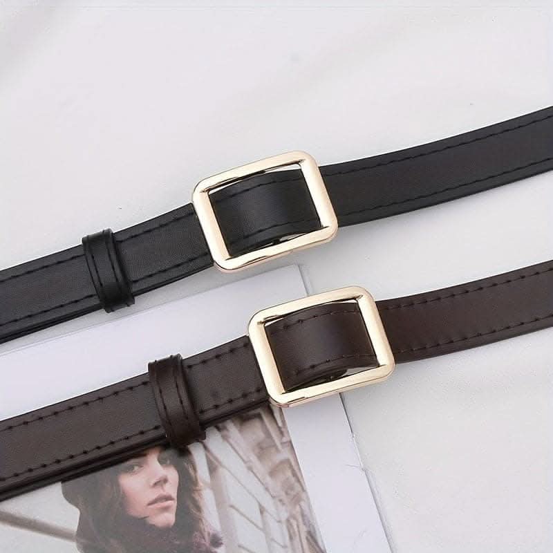 Vintage-Inspired Golden Square Buckle Belt – Classic PU Waistband