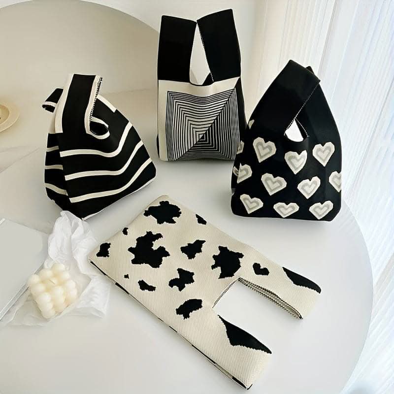 Stylish Black & White Heart Knitted Hobo Bag