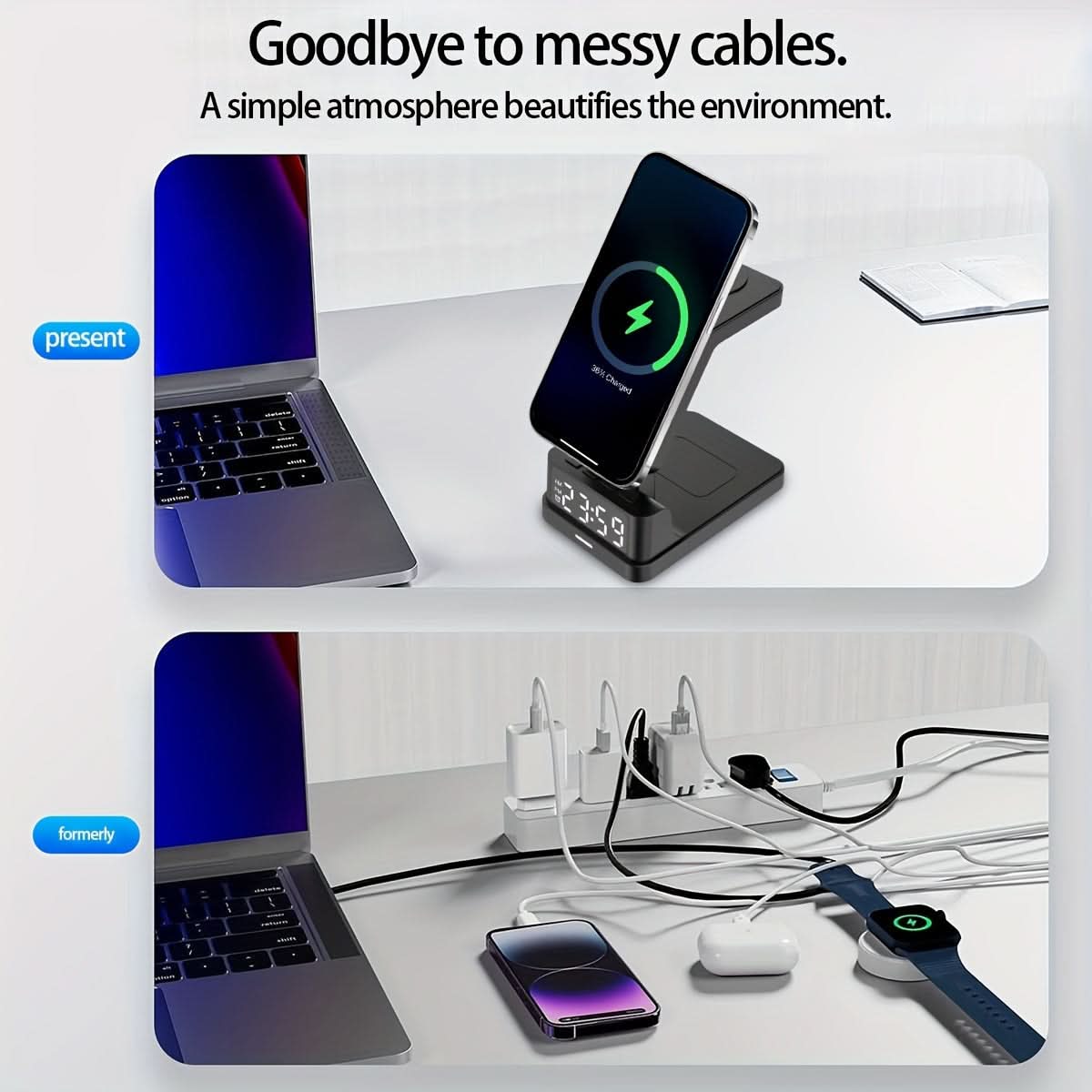 4-in-1 Magnetic Wireless Charging Stand with Digital Clock - Type-C USB