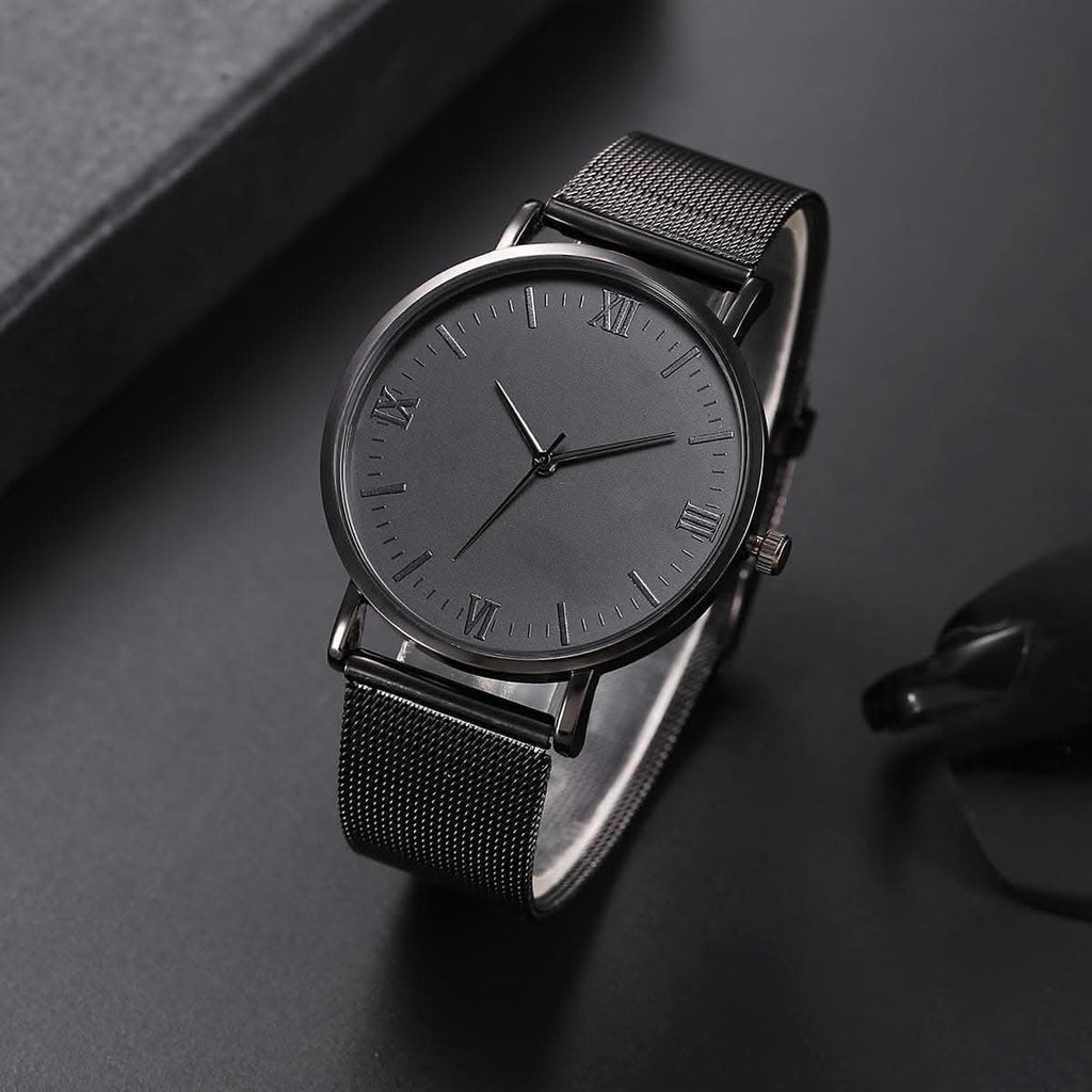 2pcs Men's Casual Roman Scale Mesh Quartz Watch & Dumbbell Bracelet Set