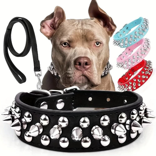 Adjustable Leather Spiked Dog Collar Set