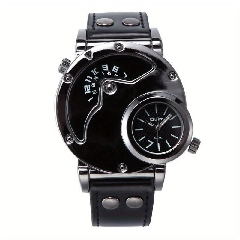 Unique Double Time Zone Men's Sports Quartz Watch with PU Leather Strap