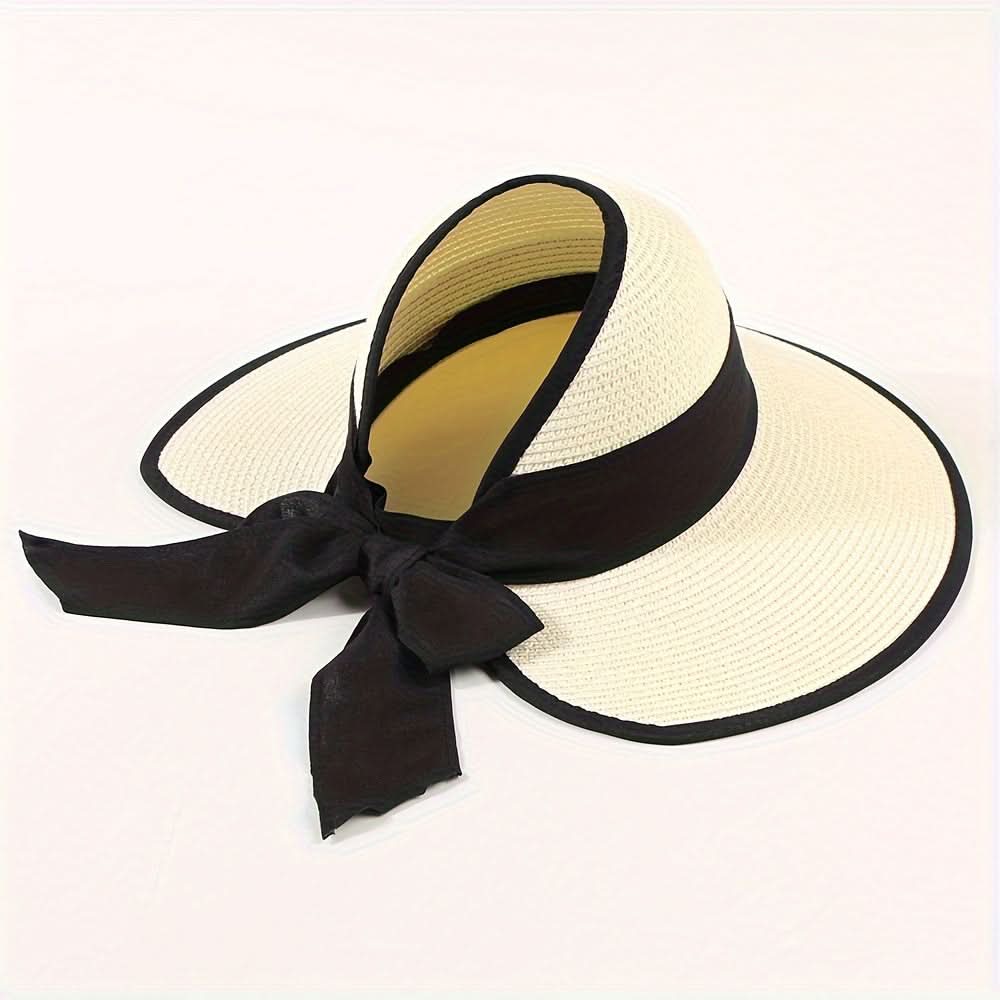 Women's Straw Sun Visor Hat with Ponytail Hole – Beach Cap with Bow