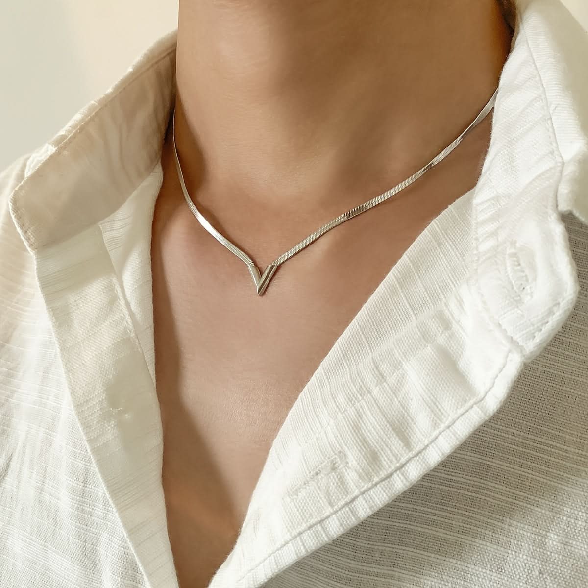 Silver V-Shaped Snake Chain Necklace, Minimalist Style