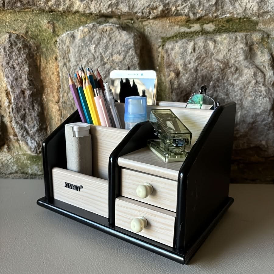 Wooden Desk Organizer with Drawers, Multifunctional
