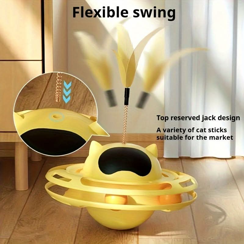 Interactive UFO Cat Toy with Feather Teaser– Non-Tipping Self-Play Pet Toy