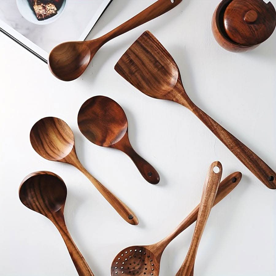7pcs Natural Teak Wooden Spoons - Non-Stick Spatula Set