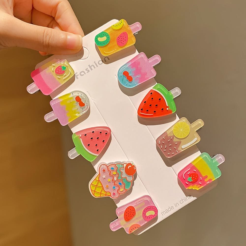 10pcs Cute Cartoon Popsicle Hair Clips – Colorful Acrylic Hair Accessories