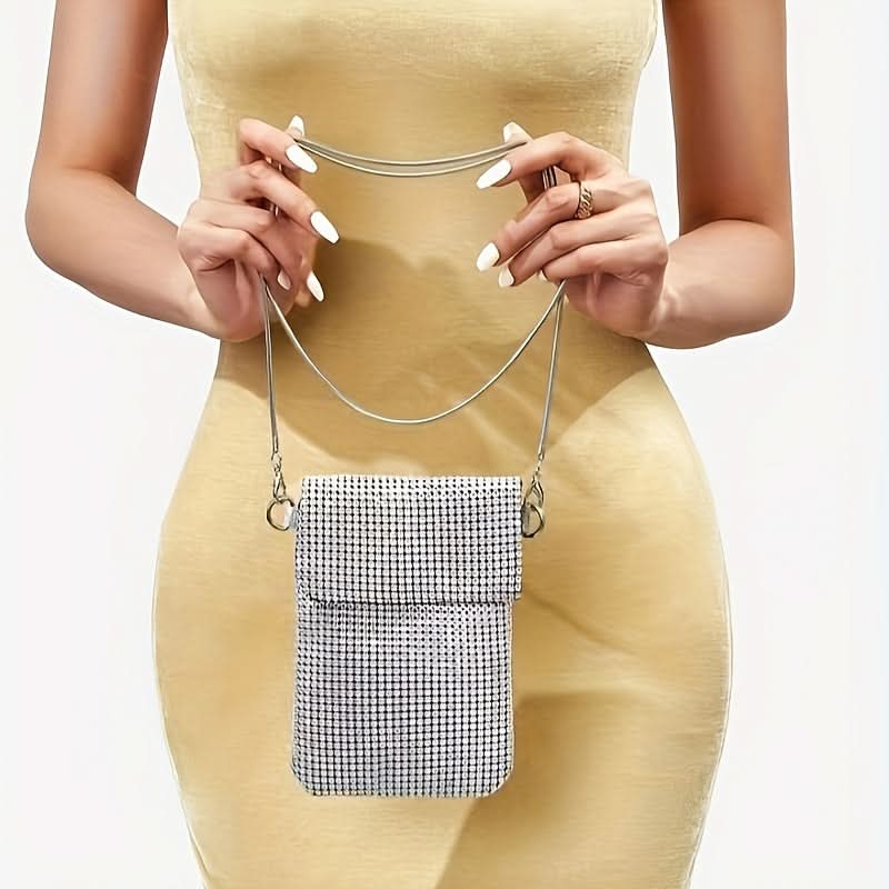 Silver Rhinestone Crossbody Clutch with Chain Strap