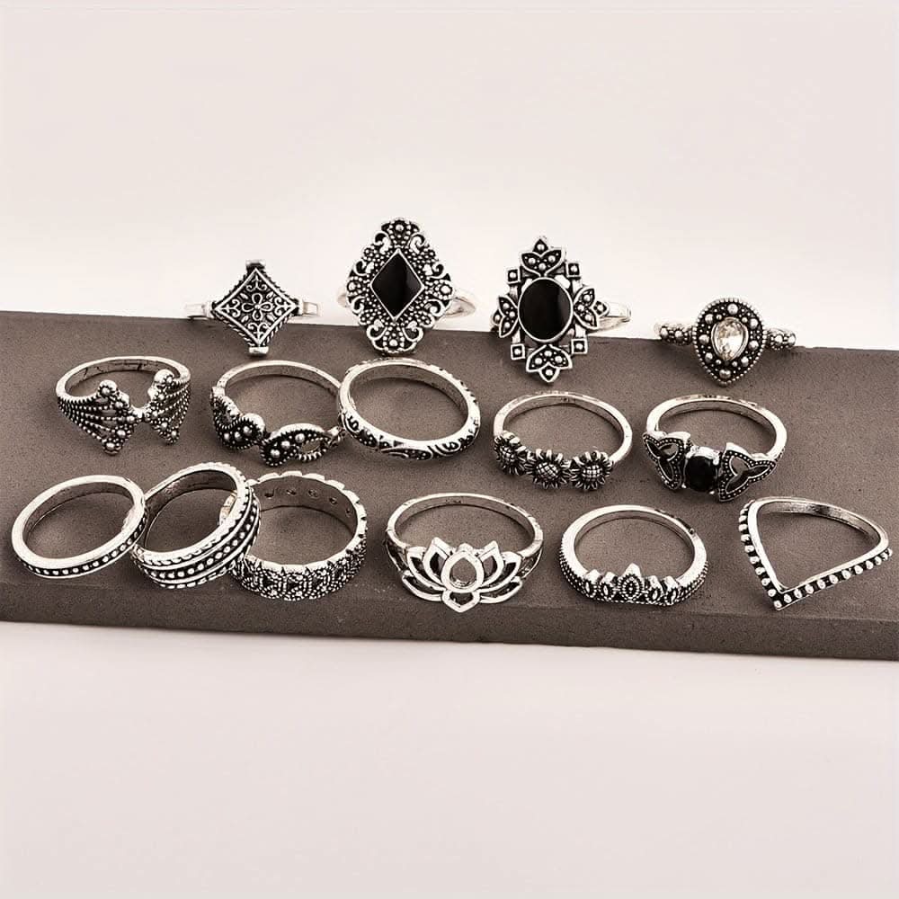 15-Piece Boho Chic Lotus Knuckle Ring Set