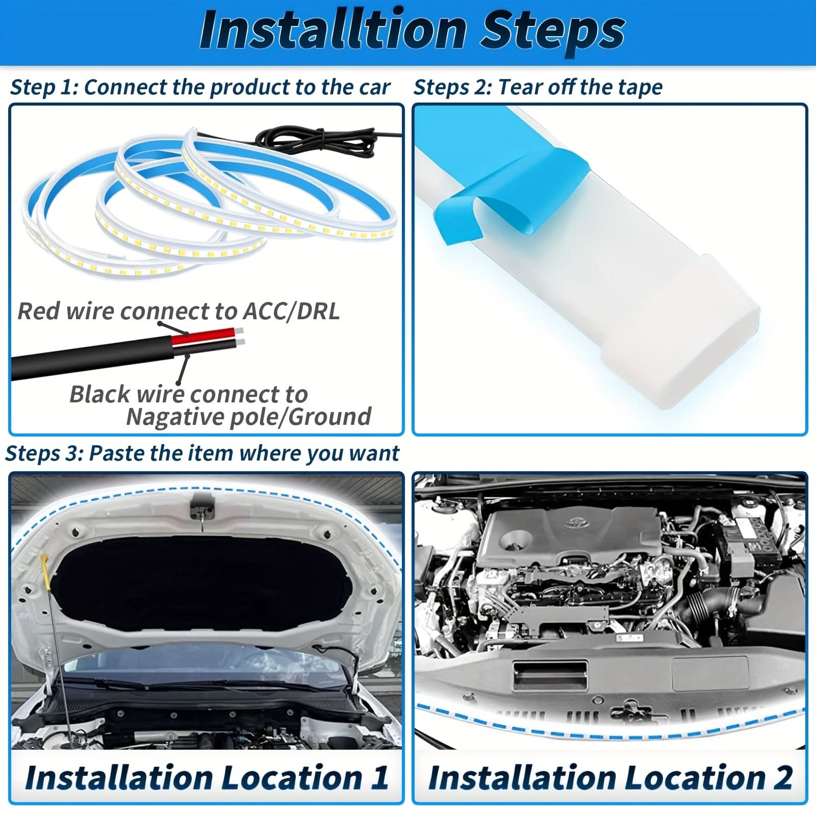 Dynamic LED Car Hood Light Strip – Streamer Scanning White Light, DC12V, Easy Install