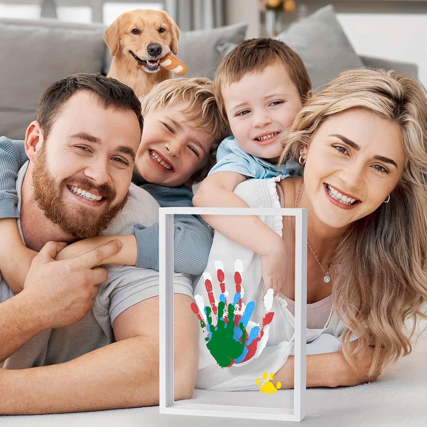 DIY Family Handprint Keepsake Kit – Painted Wooden Picture Frame, 6-Color Ink Pad Set