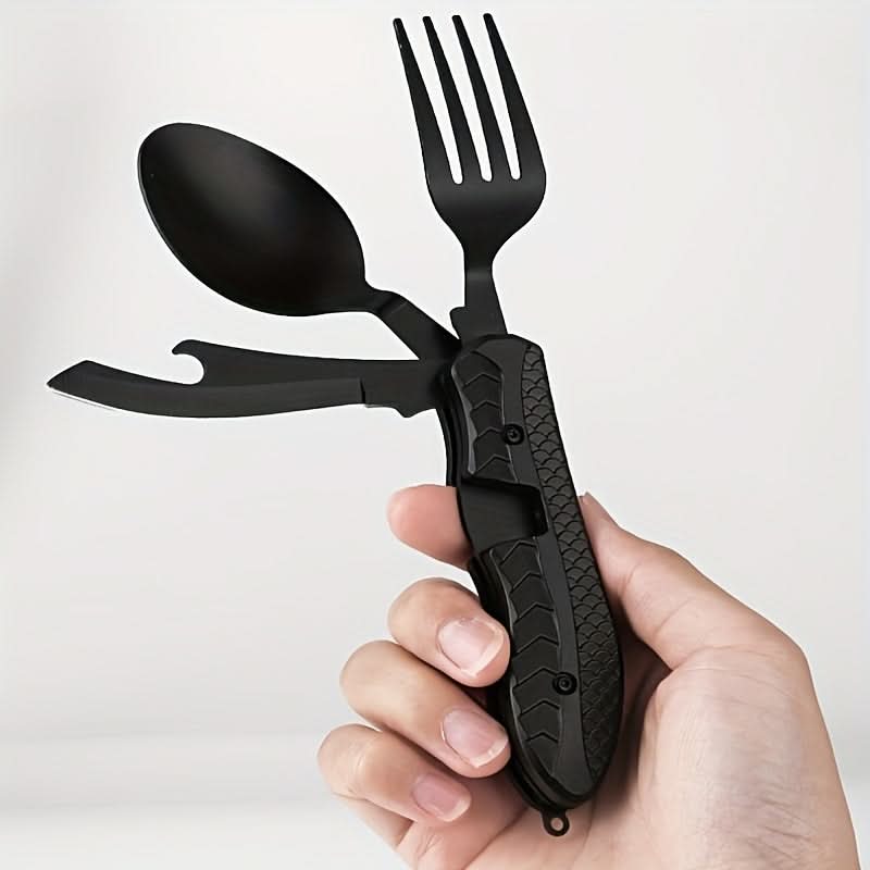 4-in-1 Stainless Steel Camping Utensils Set – Fork, Spoon, Knife, Bottle Opener