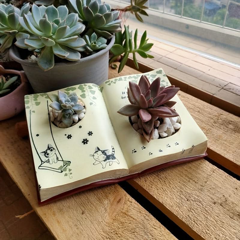 Modern Resin Book Planter with Drainage Hole