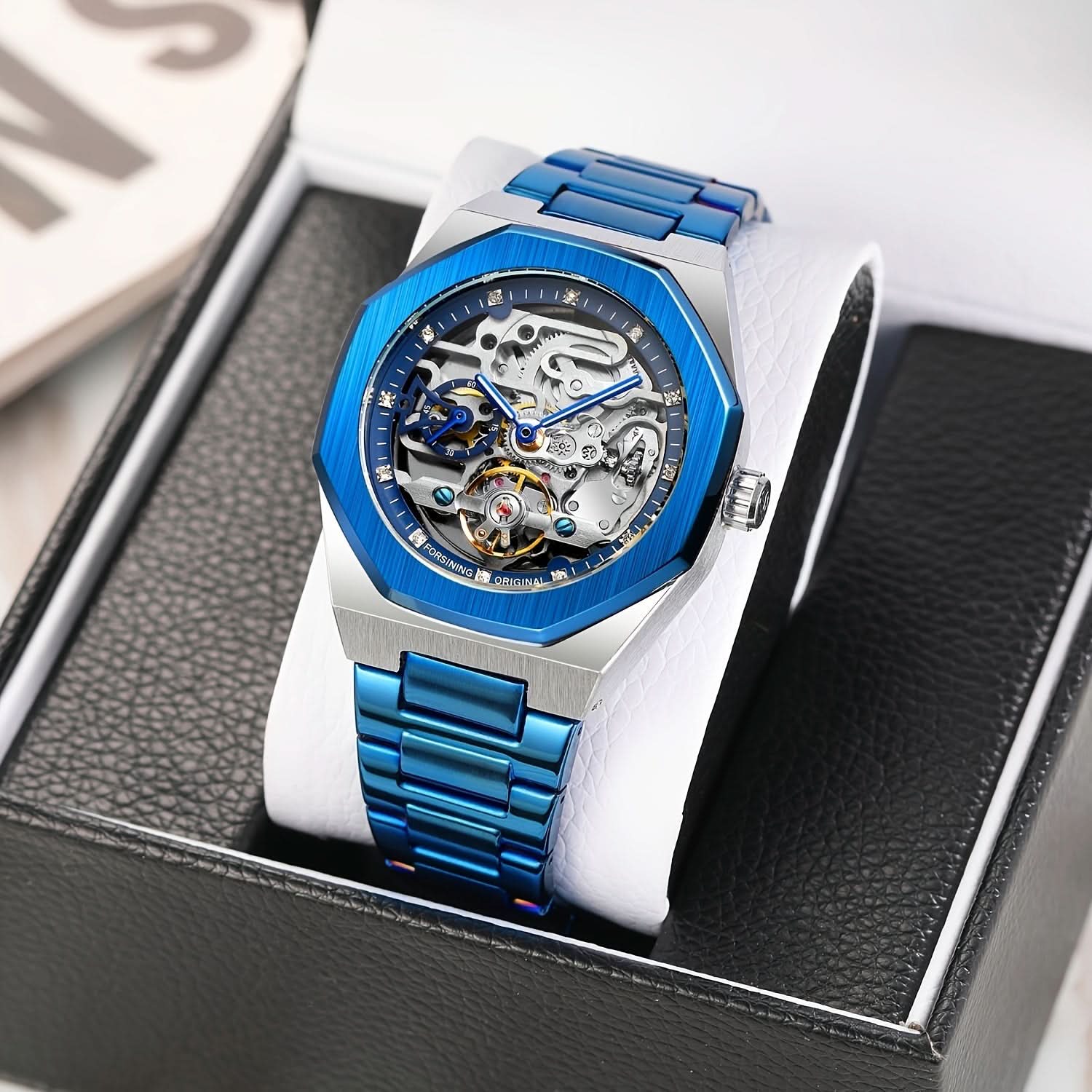 Men's Blue Skeleton Automatic Watch – Stainless Steel, Luminous Hands