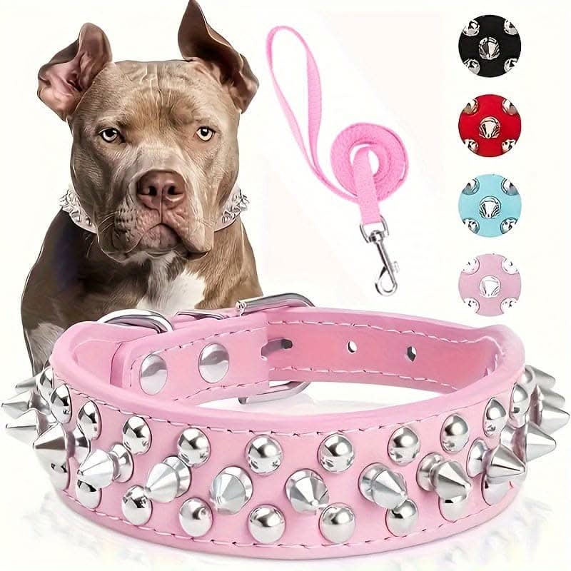 Adjustable Leather Spiked Dog Collar Set
