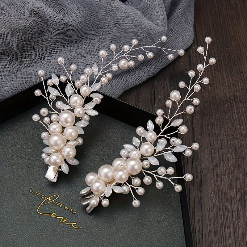 2pcs White Faux Pearl Hair Clips