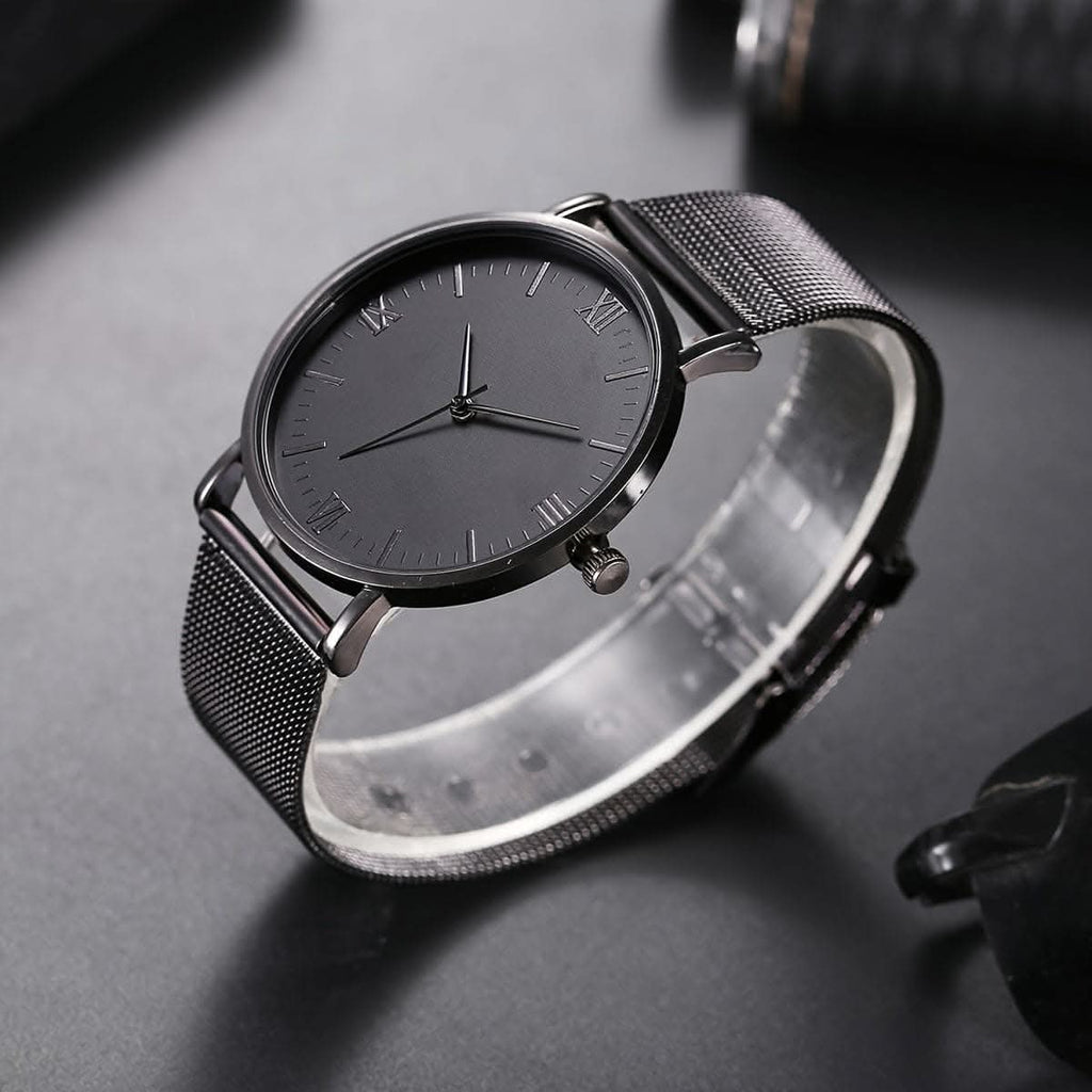 2pcs Men's Casual Roman Scale Mesh Quartz Watch & Dumbbell Bracelet Set