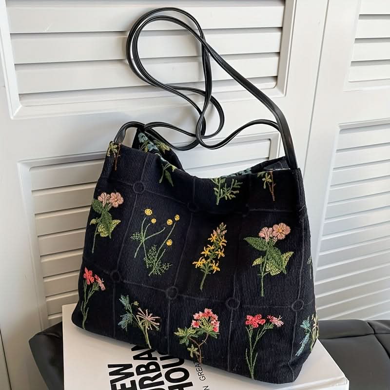 Retro Canvas Tote Bag – Floral Embroidery, Large Capacity