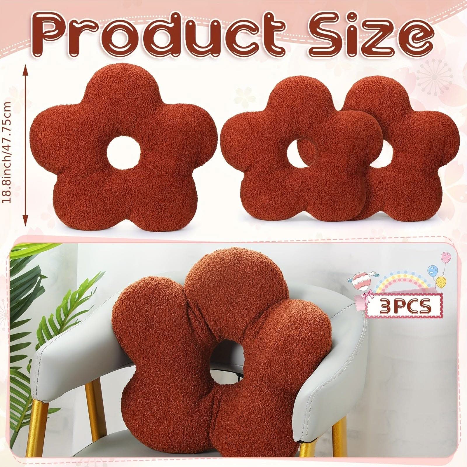 3 Pcs Flower Spherical Plush Throw Pillows