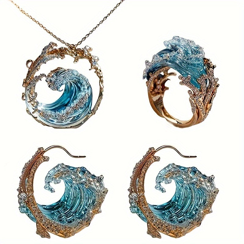 3-Piece Bohemian Ocean Vow Jewelry Set – Blue Wave Necklace, Earrings & Ring for Women