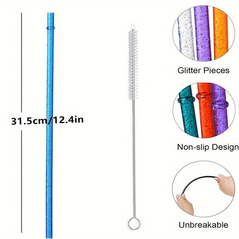 12pcs Reusable Glitter Straws - Extra Long Plastic Straws with Cleaning Brush