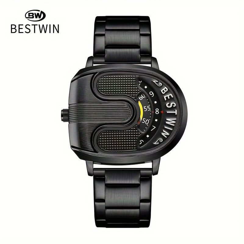 Men’s U-Shaped Digital Quartz Watch – Stainless Steel Band, Date & Stopwatch