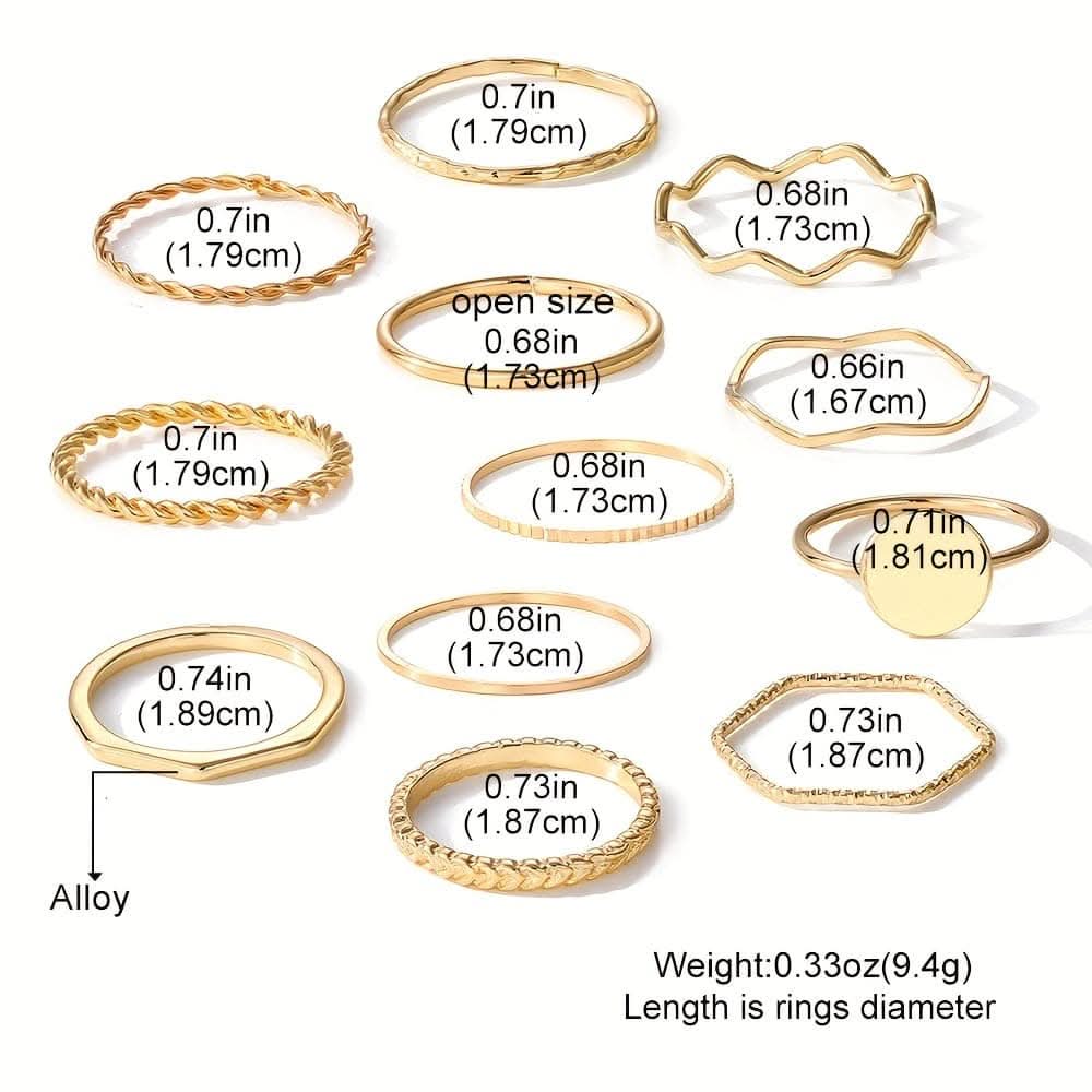 12 pcs. Stacking Rings Set – Wave & Minimalist Bands