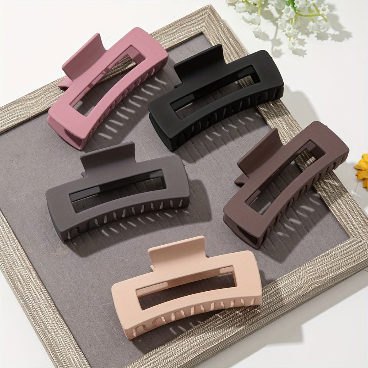 5pcs Solid Color Hollow Out Rectangular Hair Claw Clips